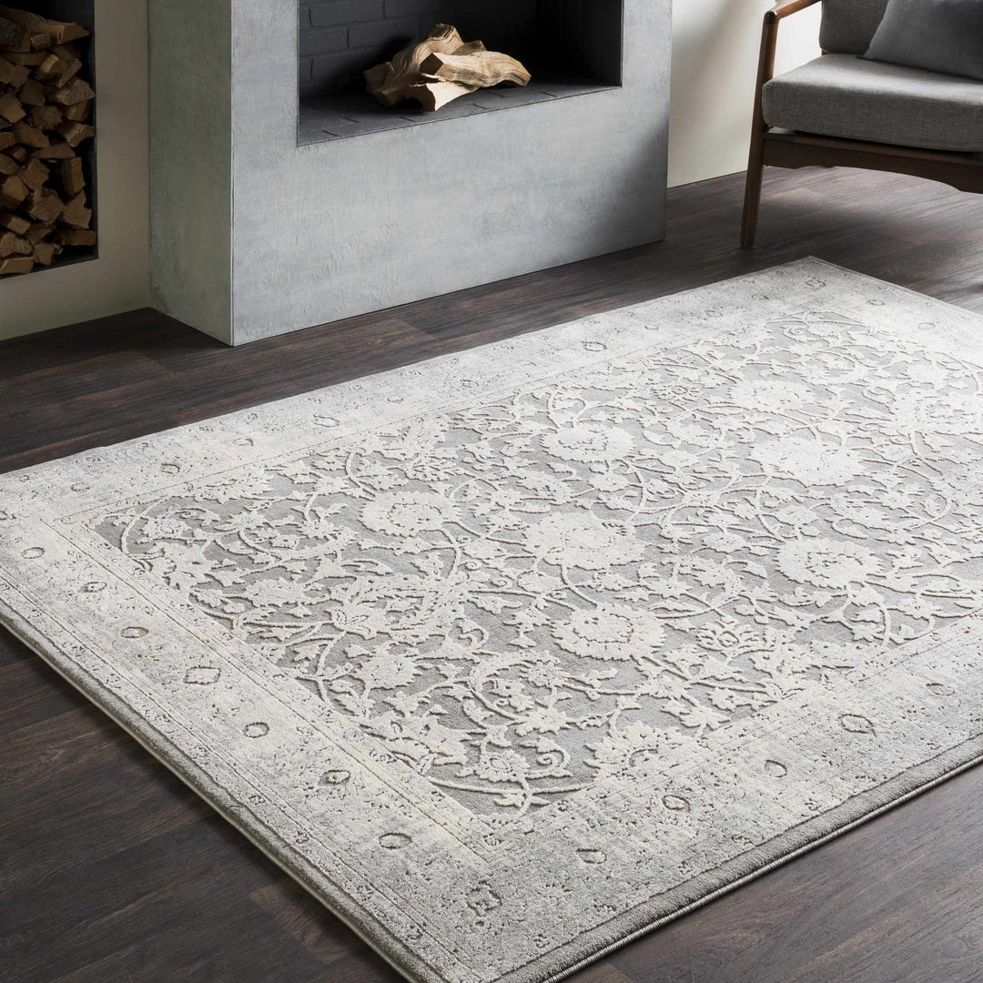 Benavides Gray And Ivory Traditional Floral Design Area Rug - The Rug Decor
