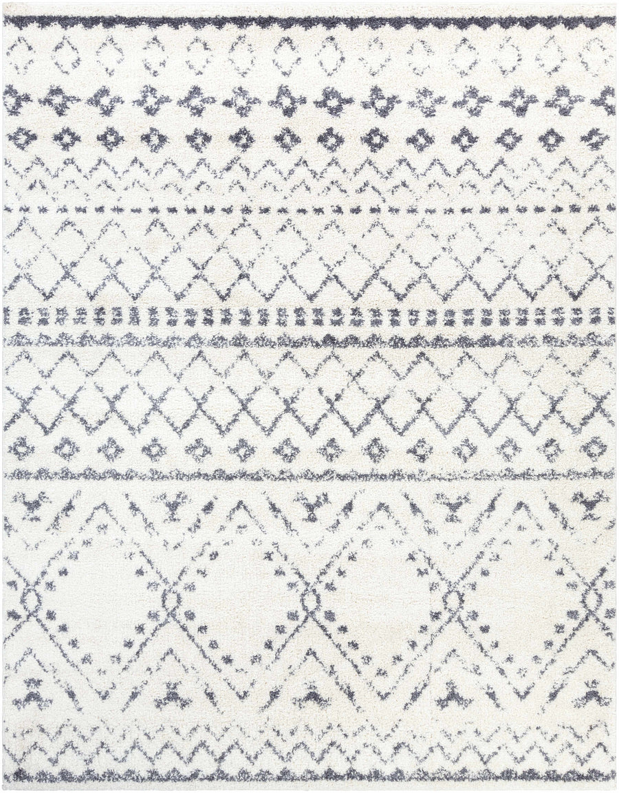 Ivory area rug with blue-gray geometric motifs and border stripes