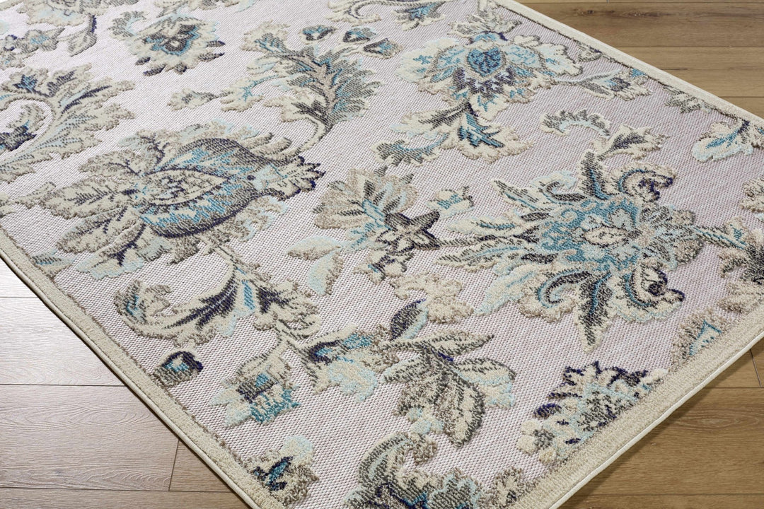 Benita Traditional Floral Gray And Teal Outdoor Area Rug - The Rug Decor
