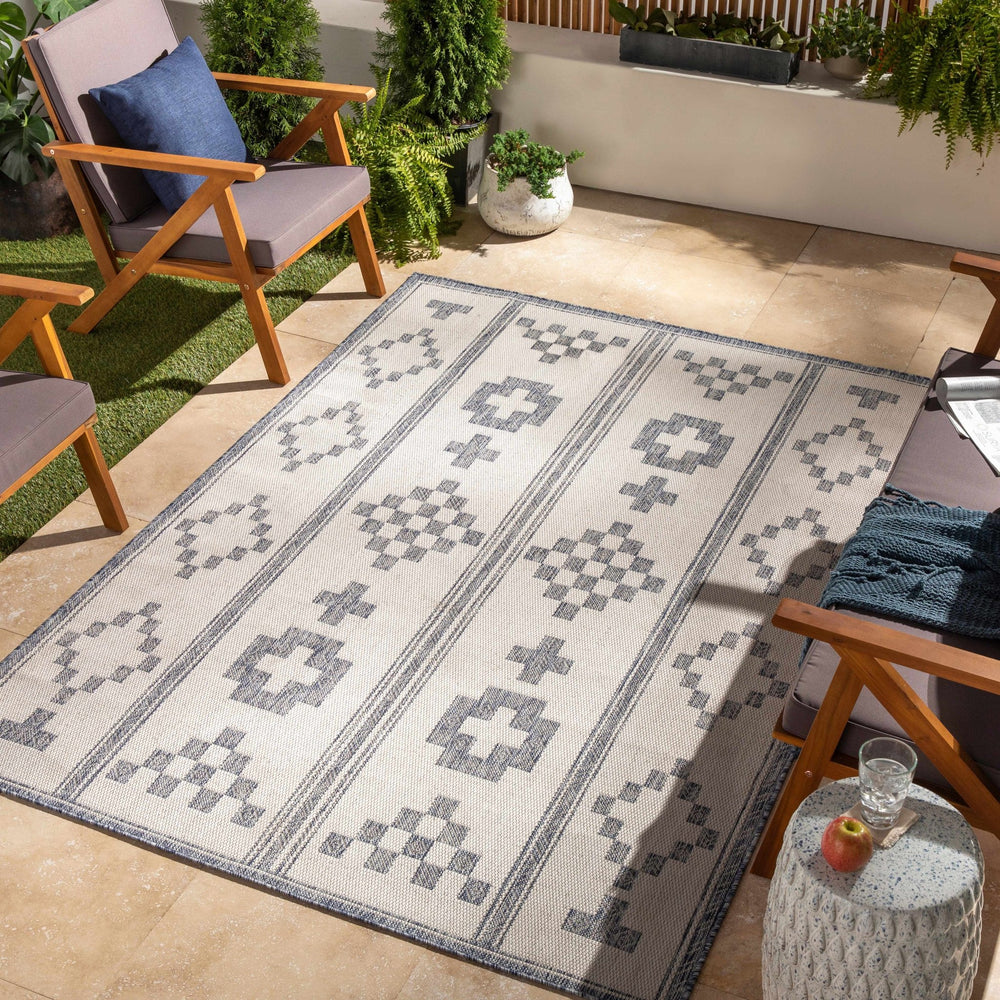 Besao Modern Tribal Design Ivory And Navy Indoor & Outdoor Rug - The Rug Decor