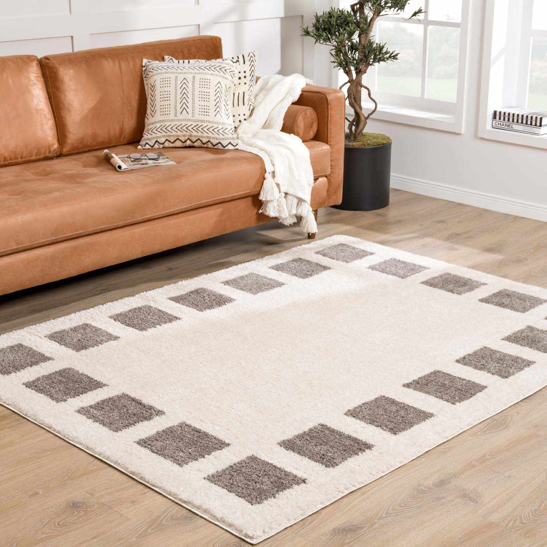 Beynon Modern Geometrical Beige And Charcoal Washable Area Rug - The Rug Decor
