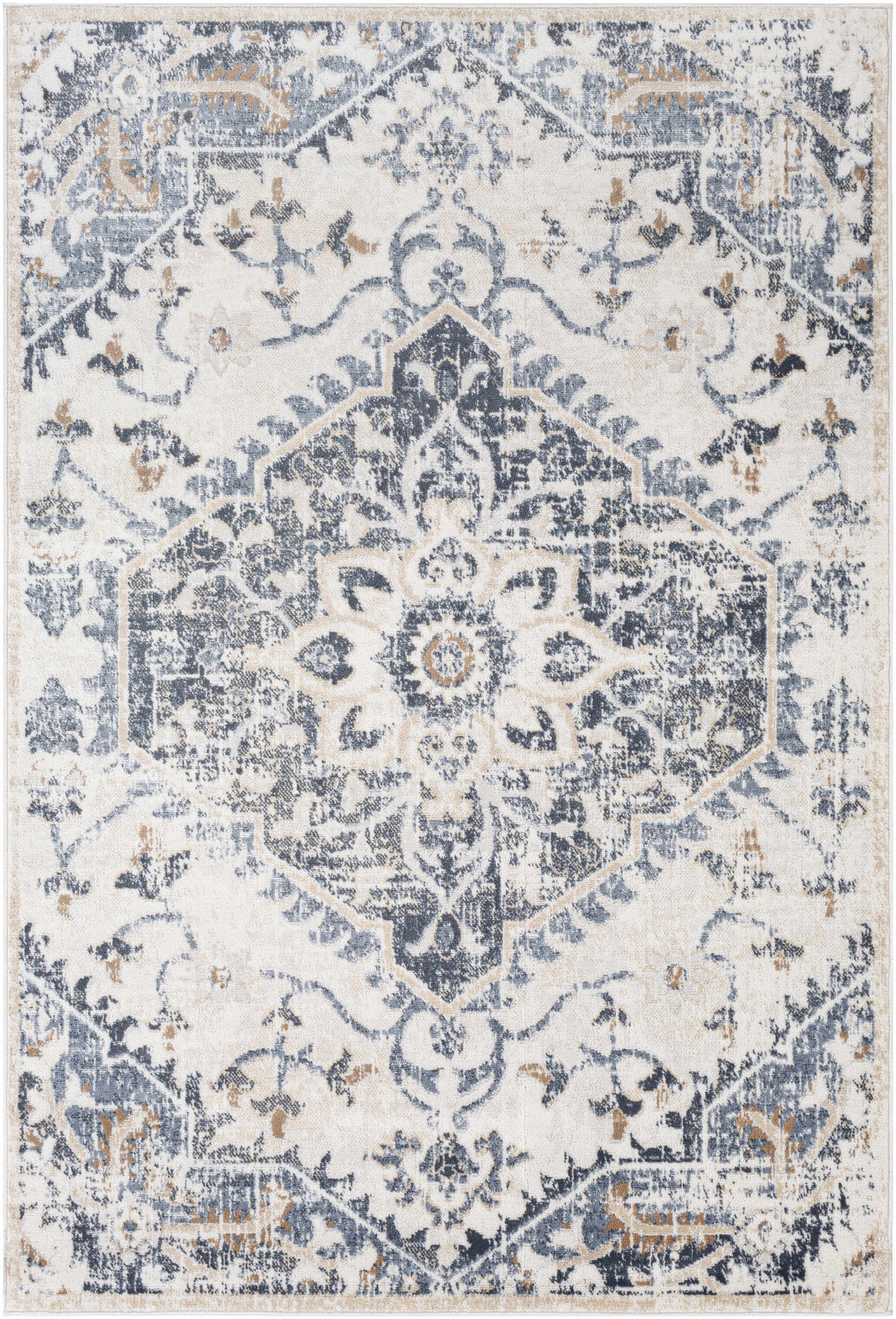 Biggleswade Ivory And Blue Traditional Medallion Design Area Rug