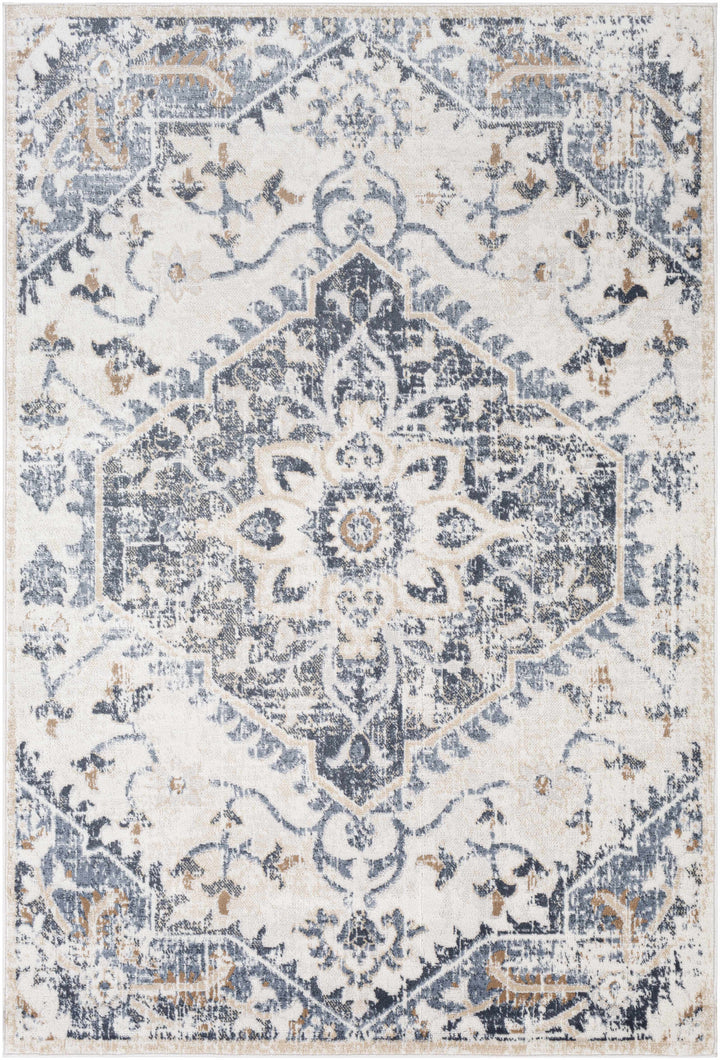 Biggleswade Ivory And Blue Traditional Medallion Design Area Rug