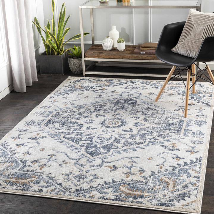 Biggleswade Ivory And Blue Traditional Medallion Design Area Rug