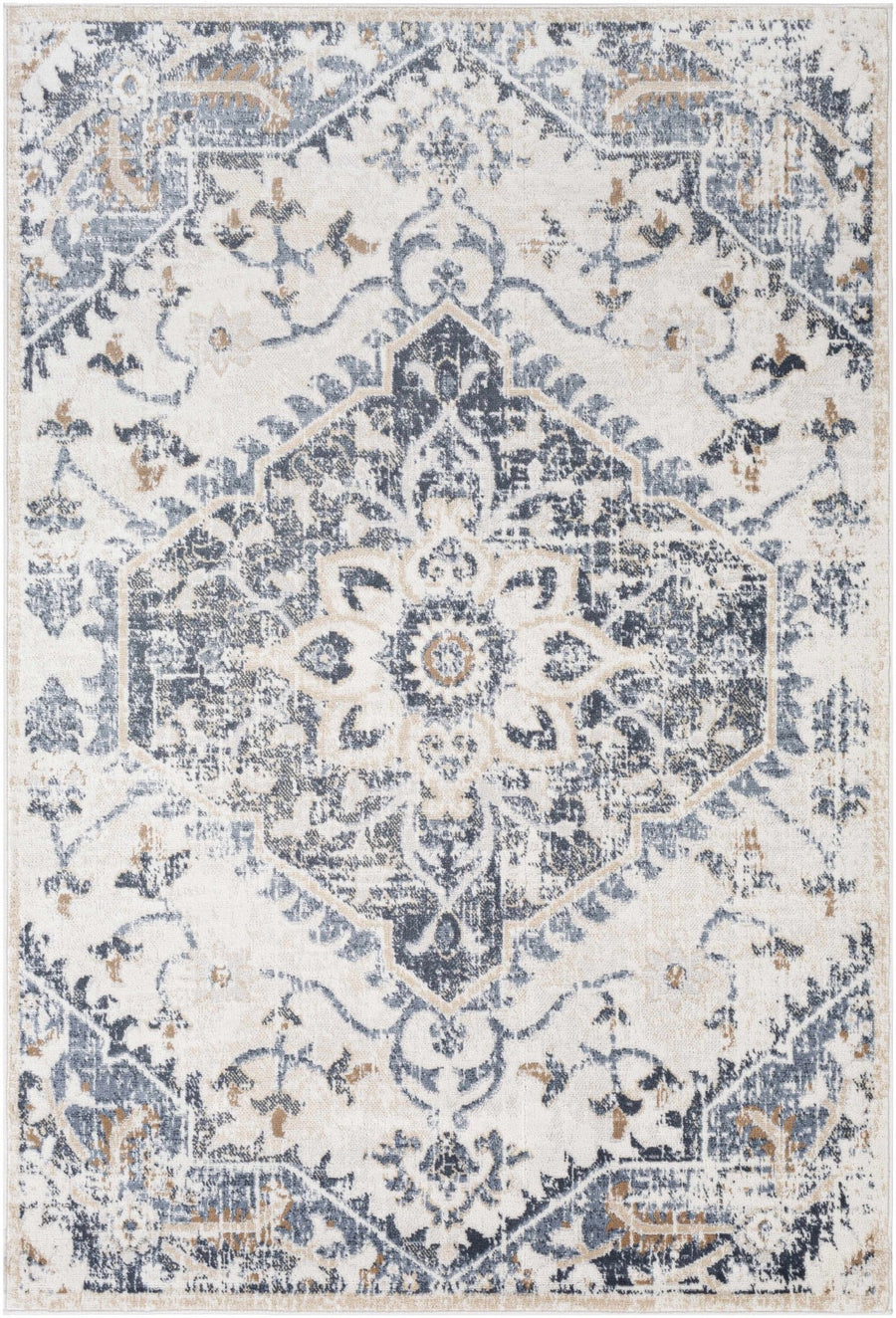 Biggleswade Ivory And Blue Traditional Medallion Design Area Rug - The Rug Decor