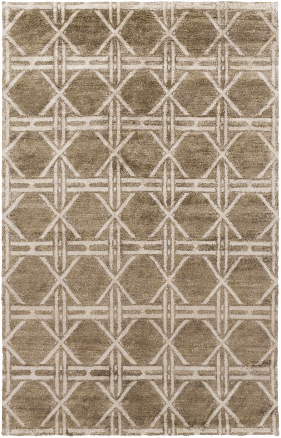 Beige geometric hand-knotted area rug with repeating lattice pattern