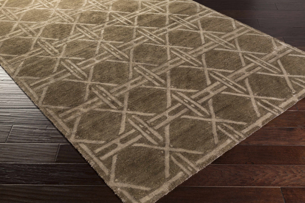 Beige geometric area rug with lattice diamond pattern, shown diagonally