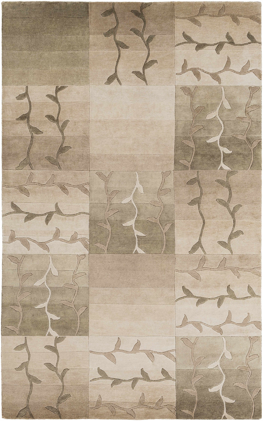 Tan hand-knotted area carpet with patchwork squares and vine motif pattern