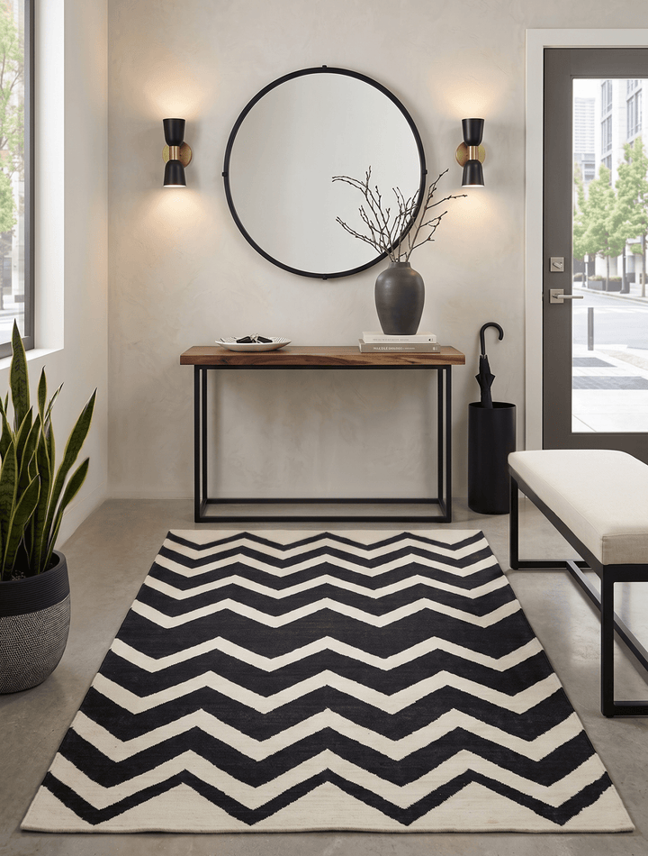 Black and Beige Chevron Design Hand Woven Dhurrie Rug - The Rug Decor