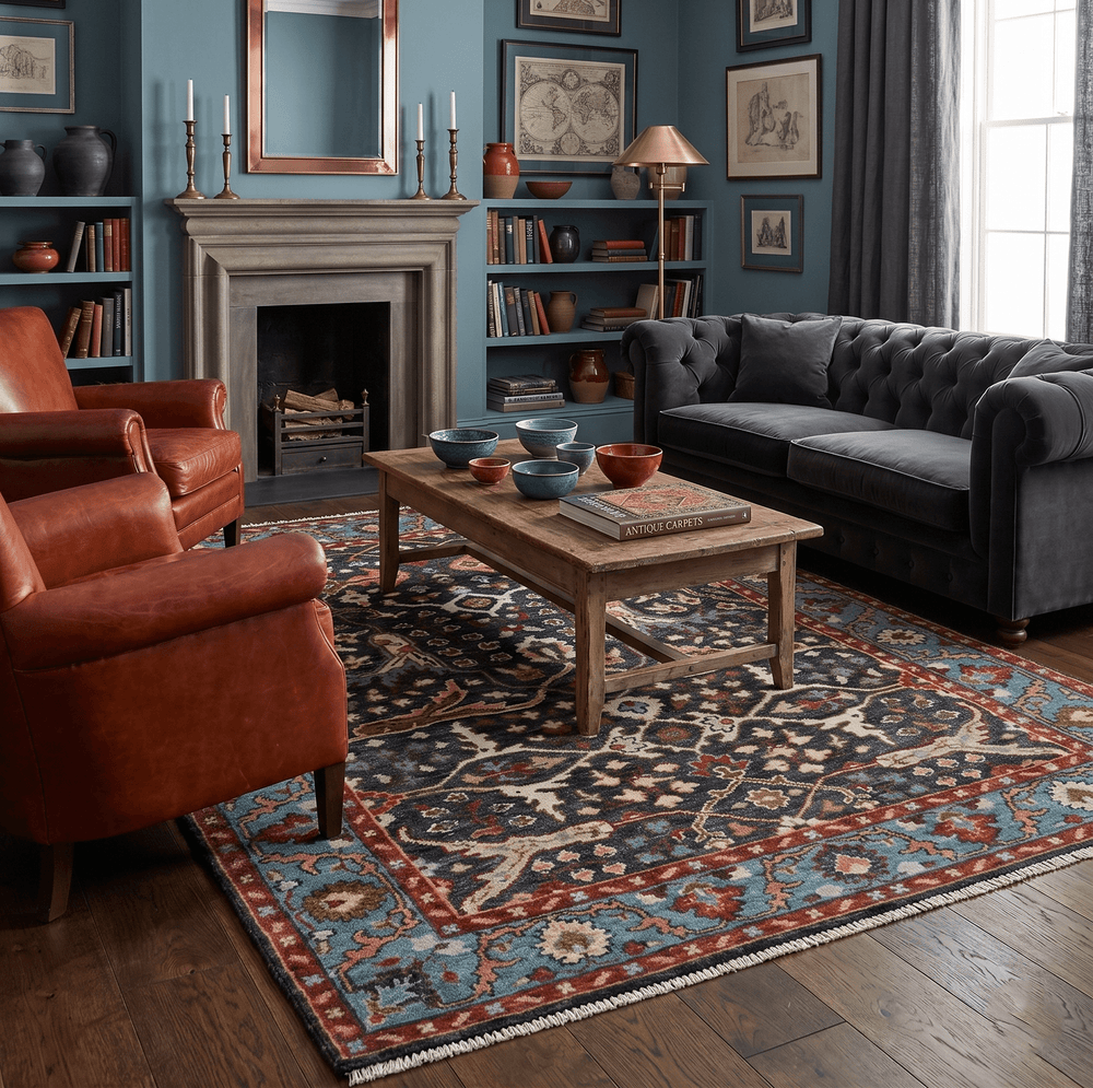 Black and Blue Hand Knotted Traditional Oushak Multi Size Wool Area Rug - The Rug Decor
