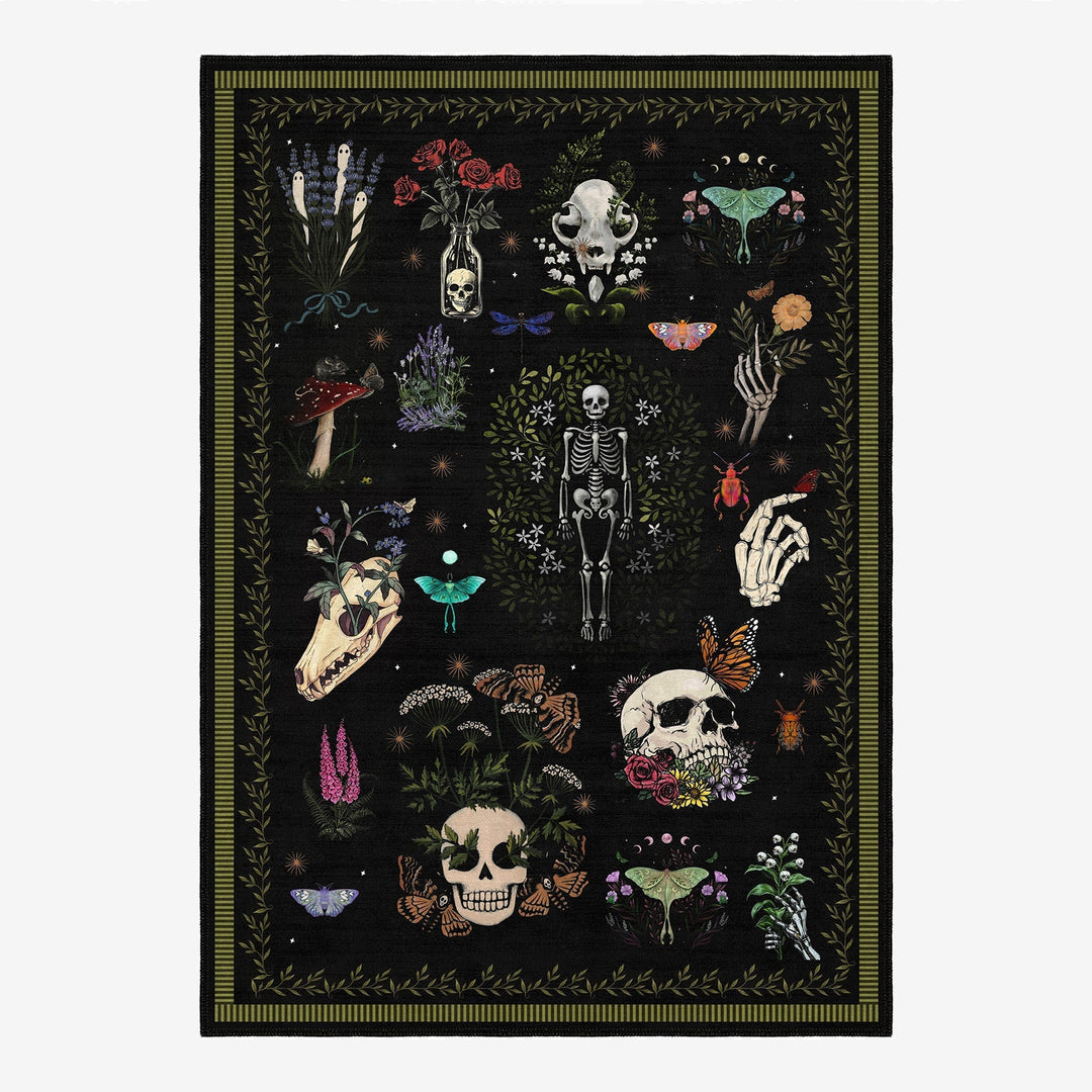 Black And Green Machine Washable Day of Dead Cotton Rug - The Rug Decor