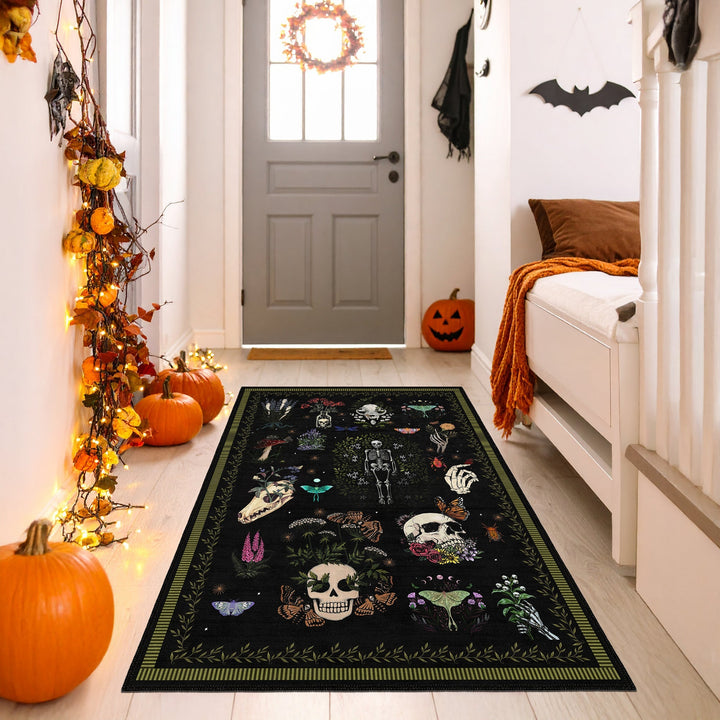 Black And Green Machine Washable Day of Dead Cotton Rug - The Rug Decor
