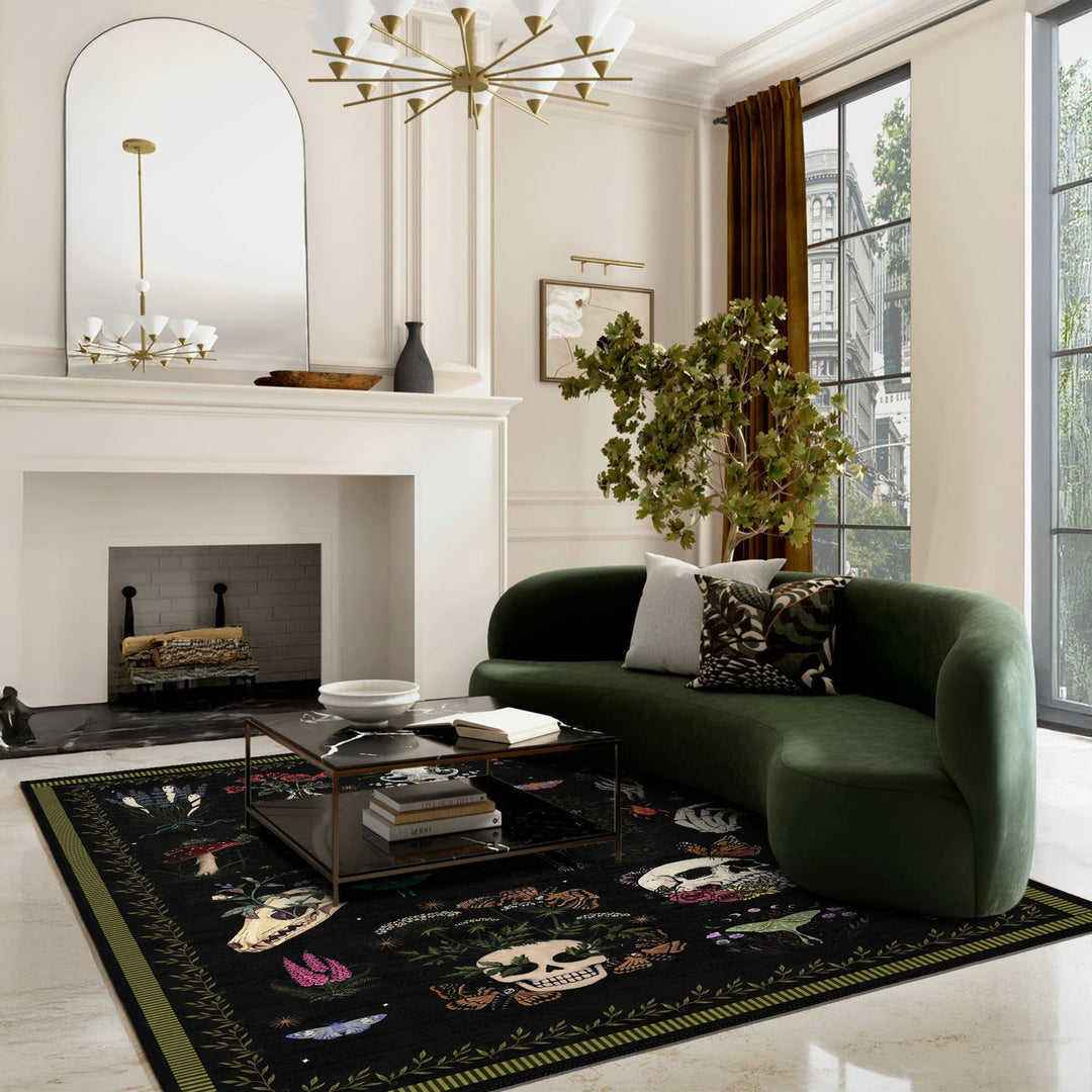 Black And Green Machine Washable Day of Dead Cotton Rug - The Rug Decor