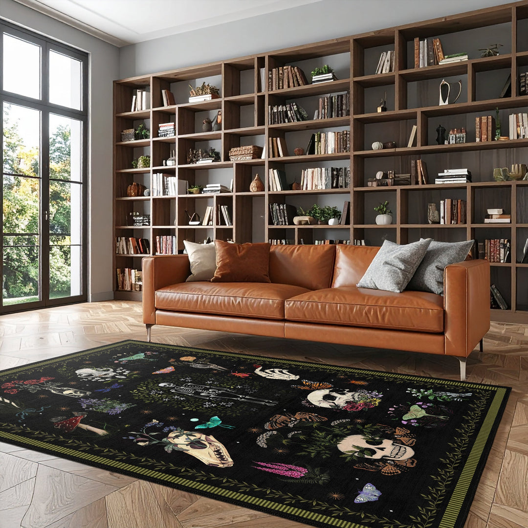 Black And Green Machine Washable Day of Dead Cotton Rug - The Rug Decor