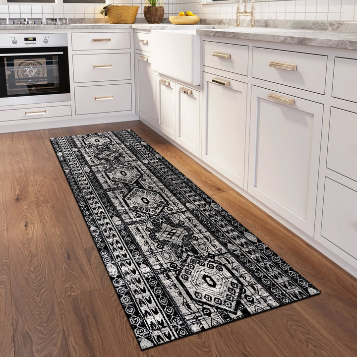 Black And Silver Modern Tribal Machine Washable Cotton Rug - The Rug Decor