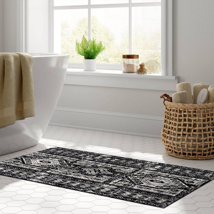 Black And Silver Modern Tribal Machine Washable Cotton Rug - The Rug Decor