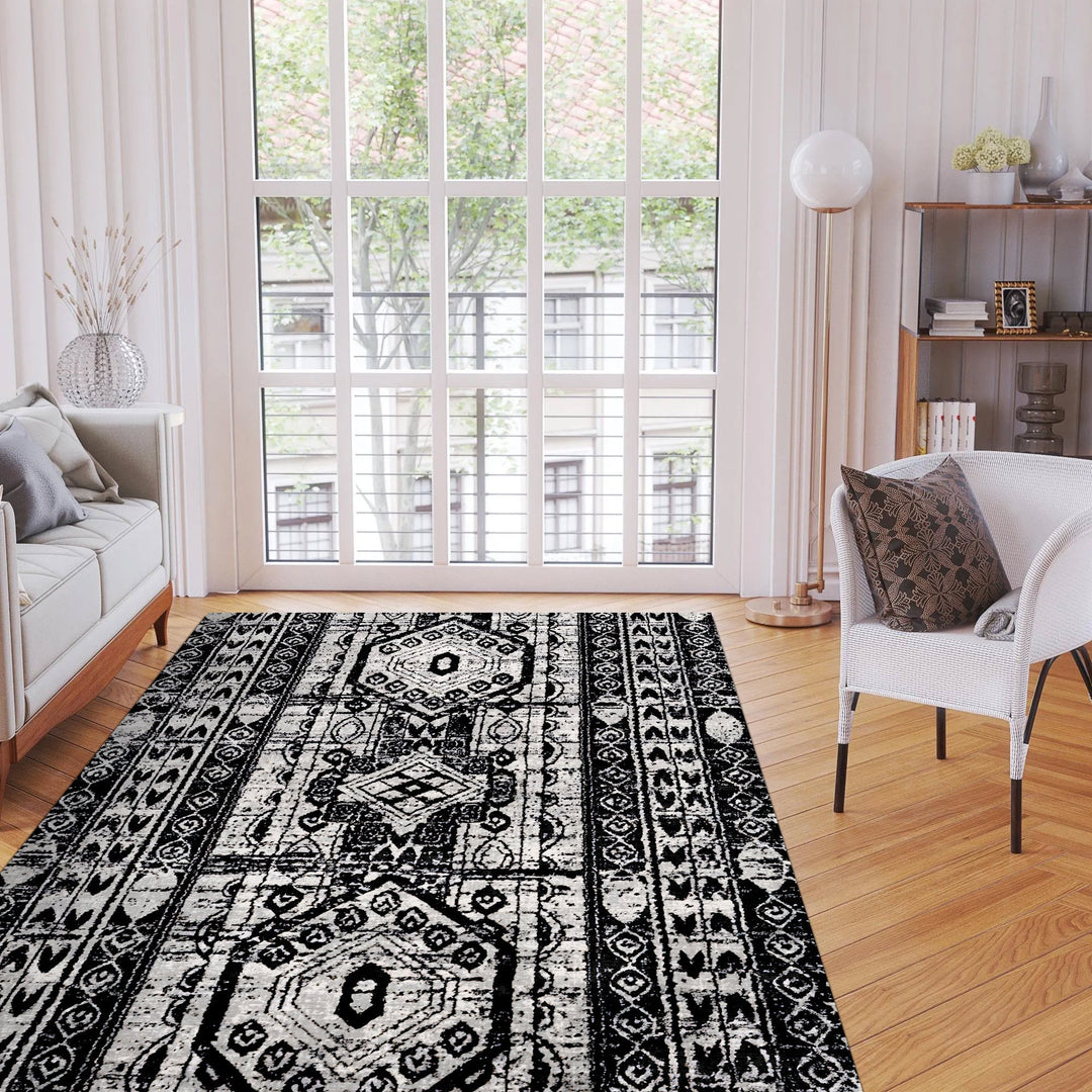 Black And Silver Modern Tribal Machine Washable Cotton Rug - The Rug Decor