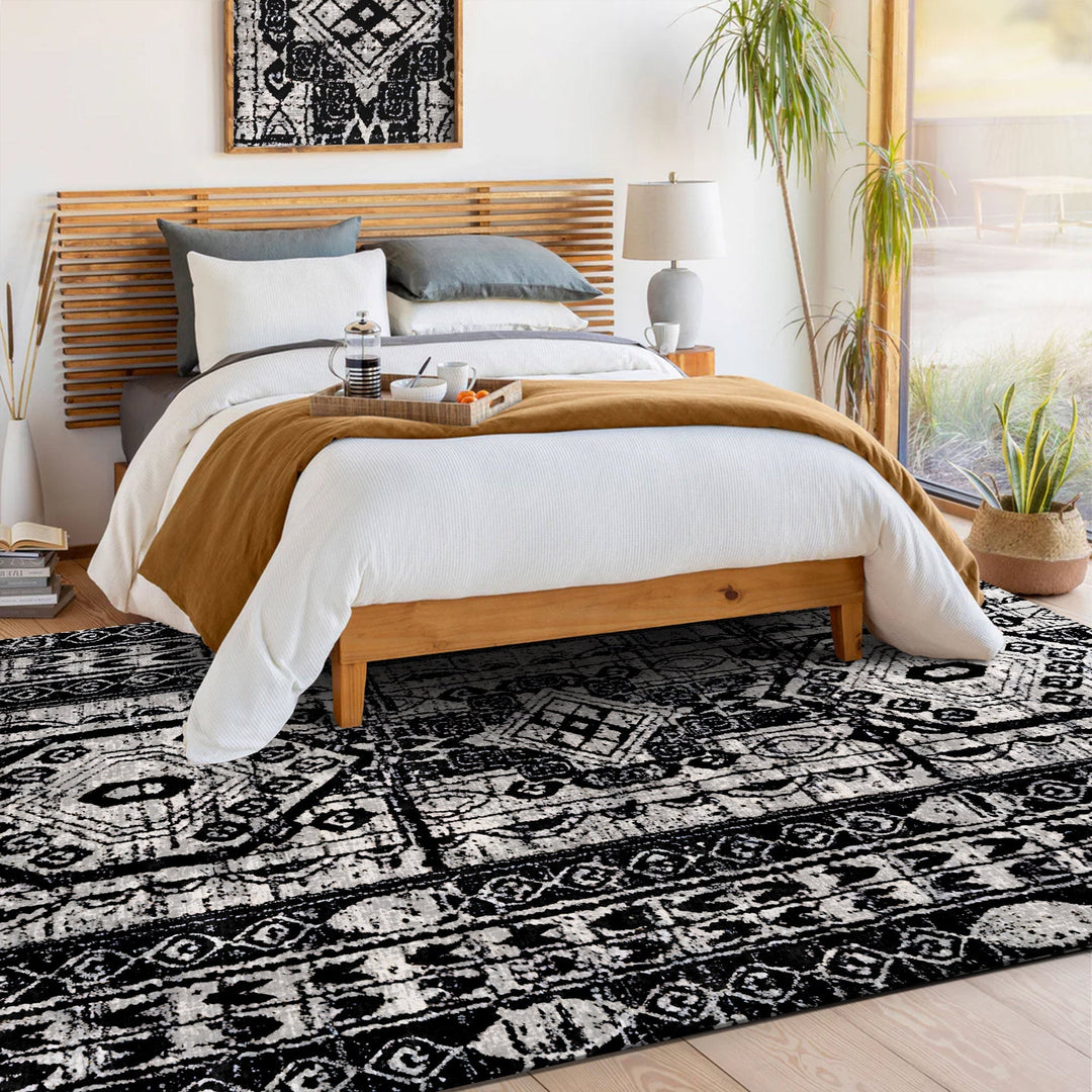 Black And Silver Modern Tribal Machine Washable Cotton Rug - The Rug Decor