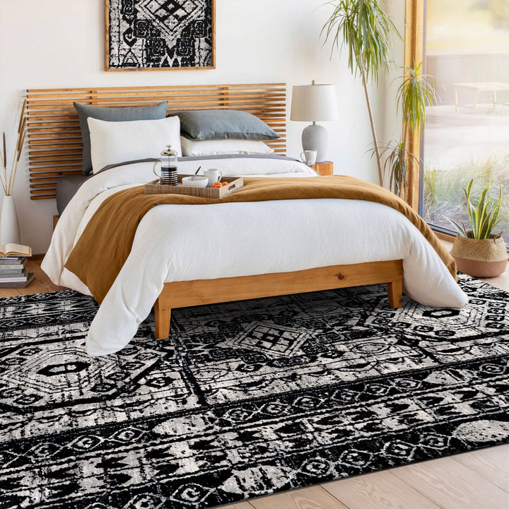 Black And Silver Modern Tribal Machine Washable Cotton Rug - The Rug Decor