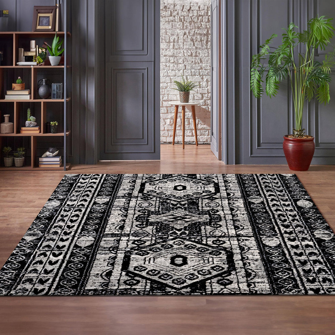 Black And Silver Modern Tribal Machine Washable Cotton Rug - The Rug Decor