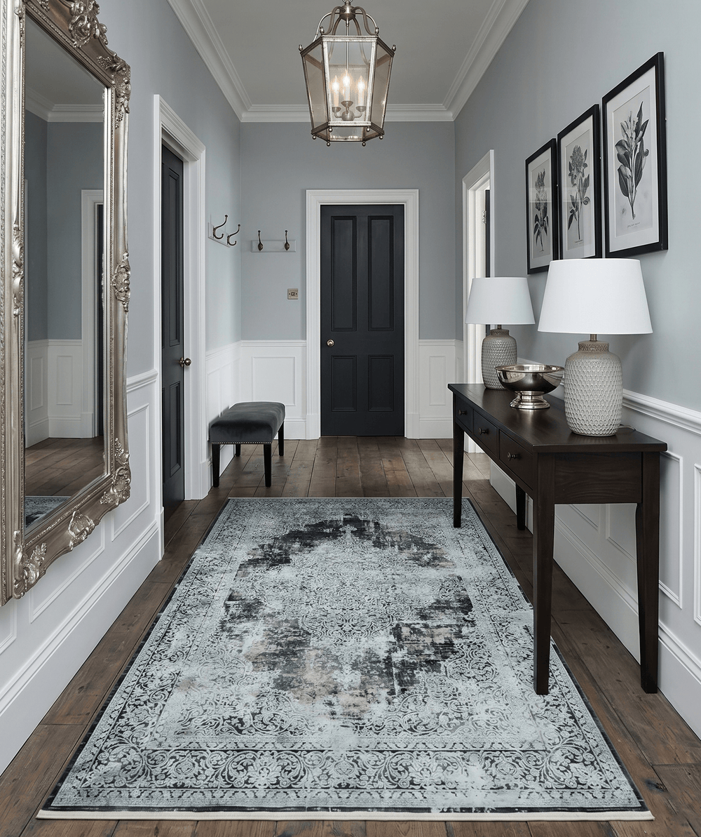 Black and Silver Vintage look Power loomed Art Silk Area Rug - The Rug Decor