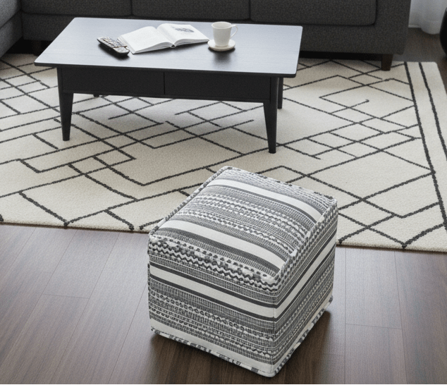 Black and White Handmade Block Printed cotton Pouf - The Rug Decor