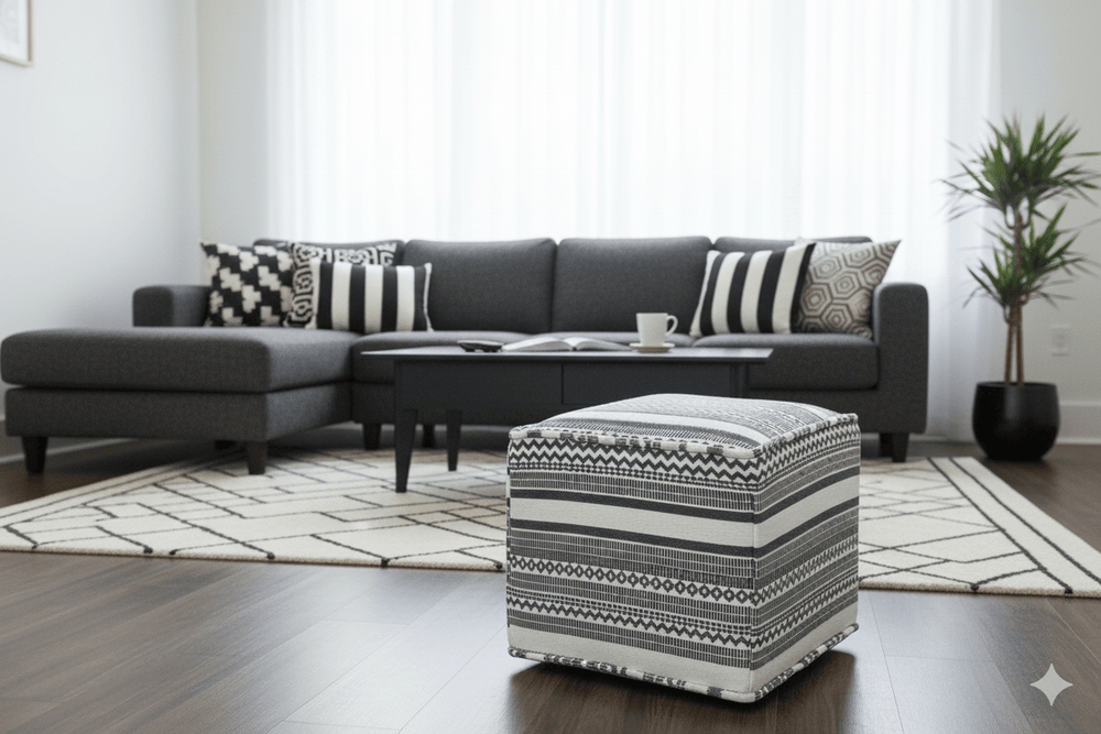 Black and White Handmade Block Printed cotton Pouf - The Rug Decor