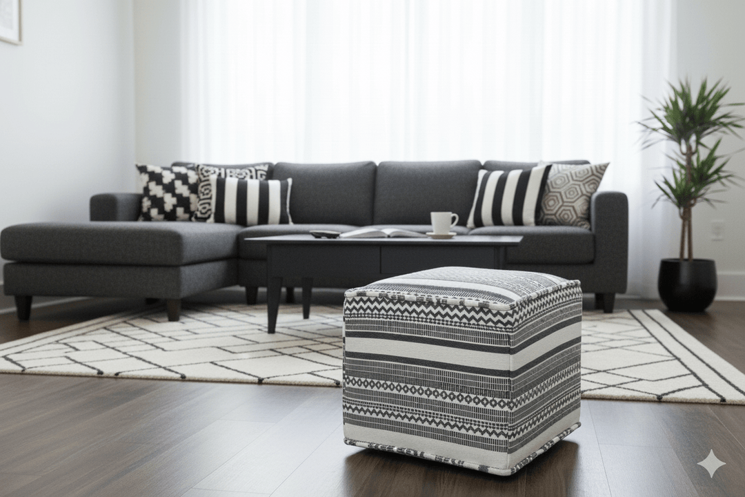 Black and White Handmade Block Printed cotton Pouf - The Rug Decor