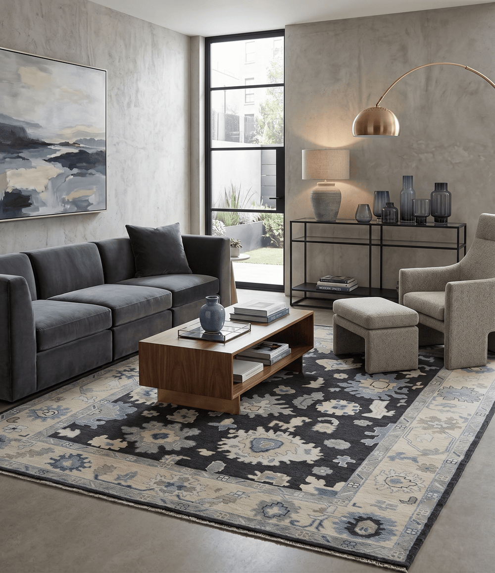 Black, Beige and Silver Hand Knotted Traditional Oushak Wool Area Rug - The Rug Decor