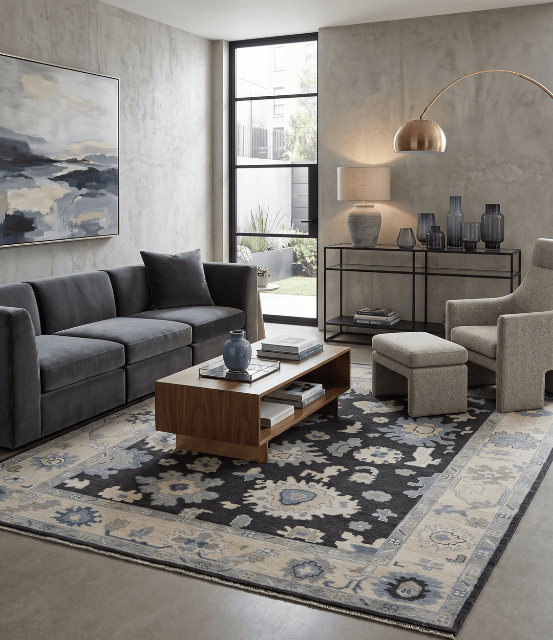 Black, Beige and Silver Hand Knotted Traditional Oushak Wool Area Rug - The Rug Decor