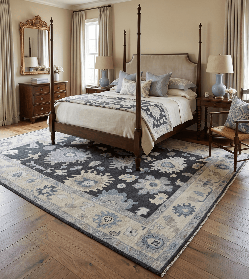 Black, Beige and Silver Hand Knotted Traditional Oushak Wool Area Rug - The Rug Decor