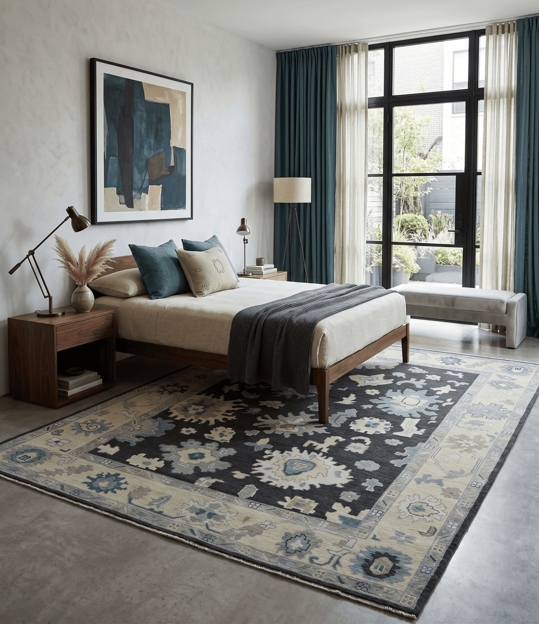Black, Beige and Silver Hand Knotted Traditional Oushak Wool Area Rug - The Rug Decor