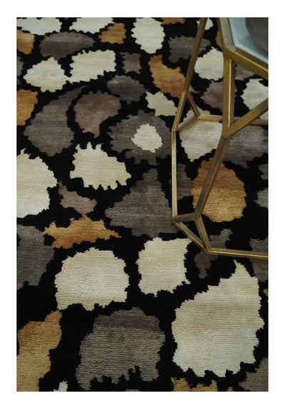 Black, Ivory, Gold and Gray Leaf Design Hand knotted 6x8 Wool and Art Silk Area Rug - The Rug Decor