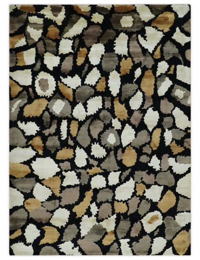 Black, Ivory, Gold and Gray Leaf Design Hand knotted 6x8 Wool and Art Silk Area Rug - The Rug Decor