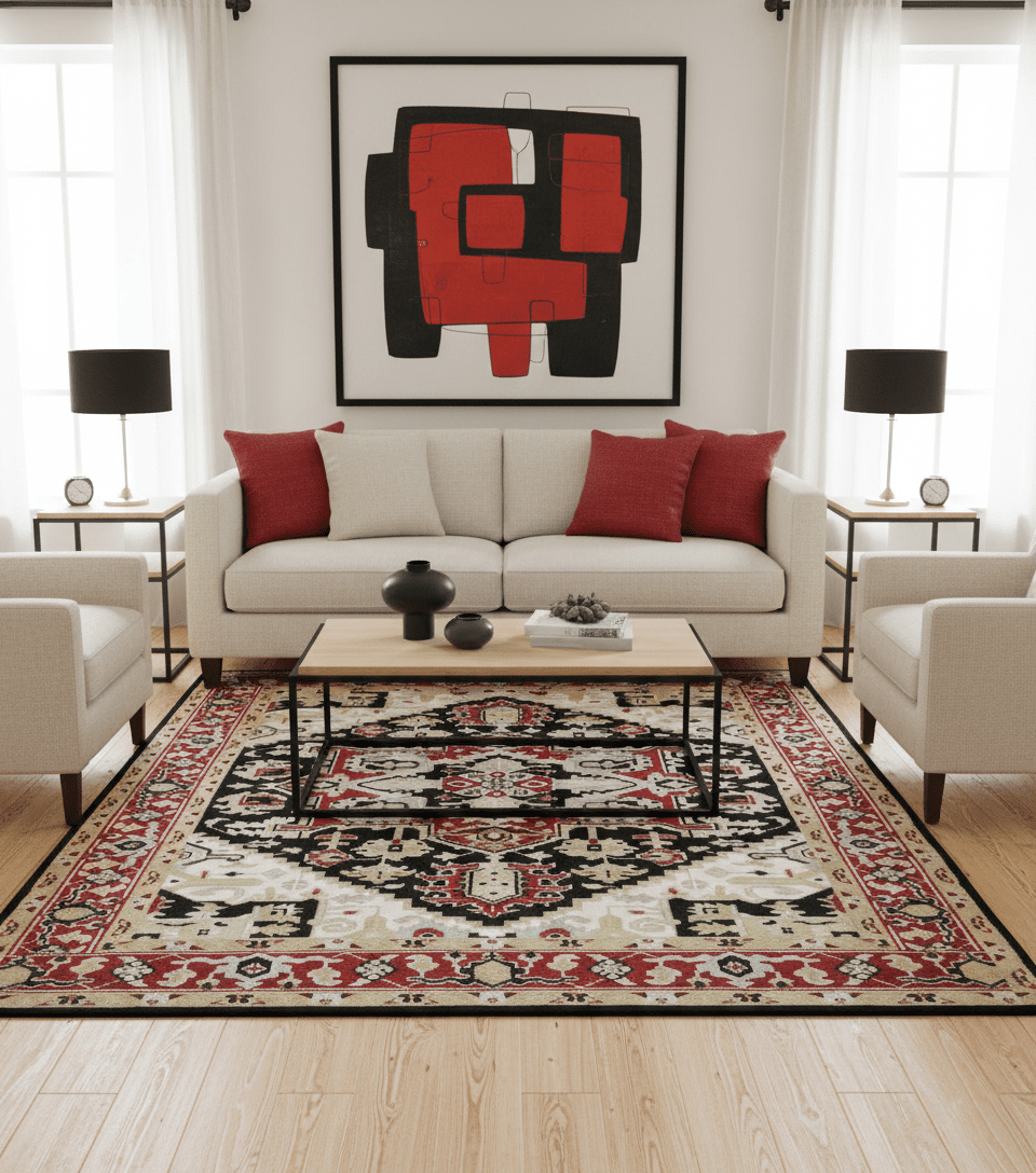 Black, Ivory, Olive and Brown Hand knotted Traditional Heriz Medallion Multi Size Wool Area Rug - The Rug Decor