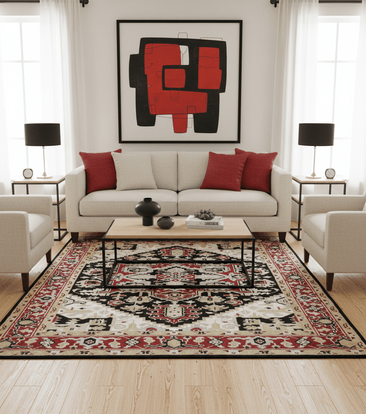 Black, Ivory, Olive and Brown Hand knotted Traditional Heriz Medallion Multi Size Wool Area Rug - The Rug Decor