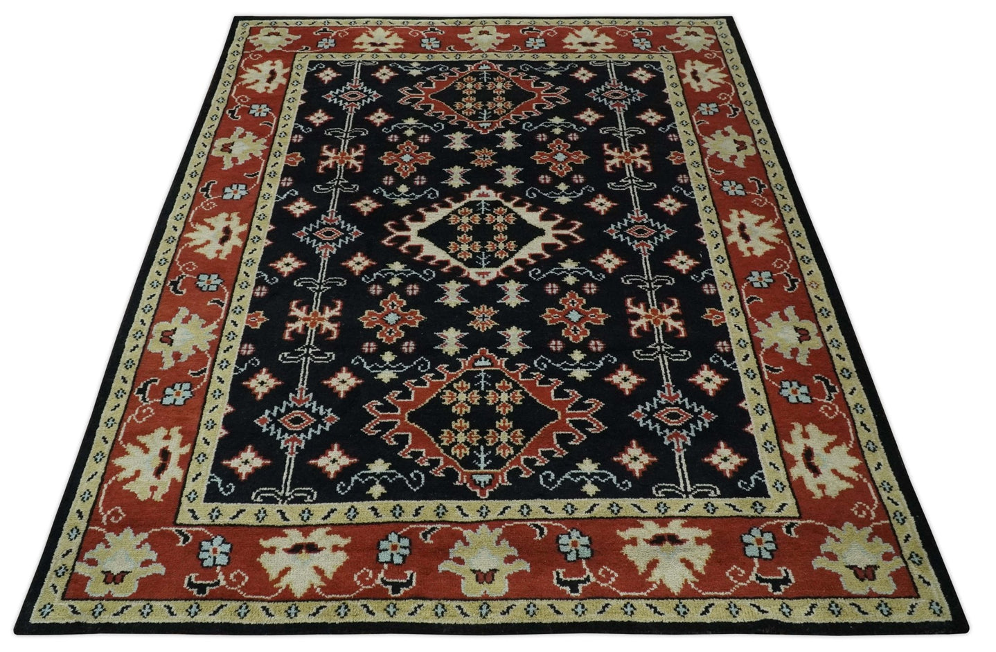 Black, Rust and Beige 8x10 Traditional Oriental Hand Knotted Wool Area Rug - The Rug Decor