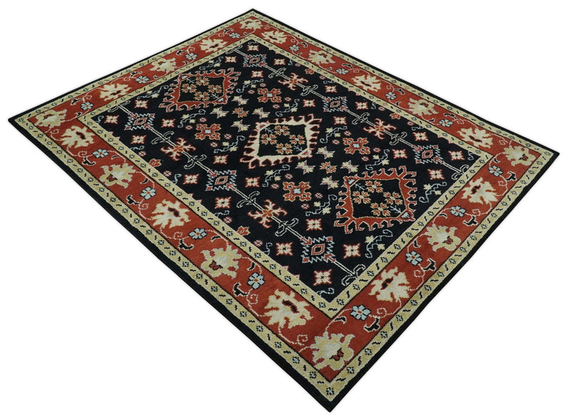 Black, Rust and Beige Traditional Oriental Hand Knotted Custom Made Wool Area Rug - The Rug Decor