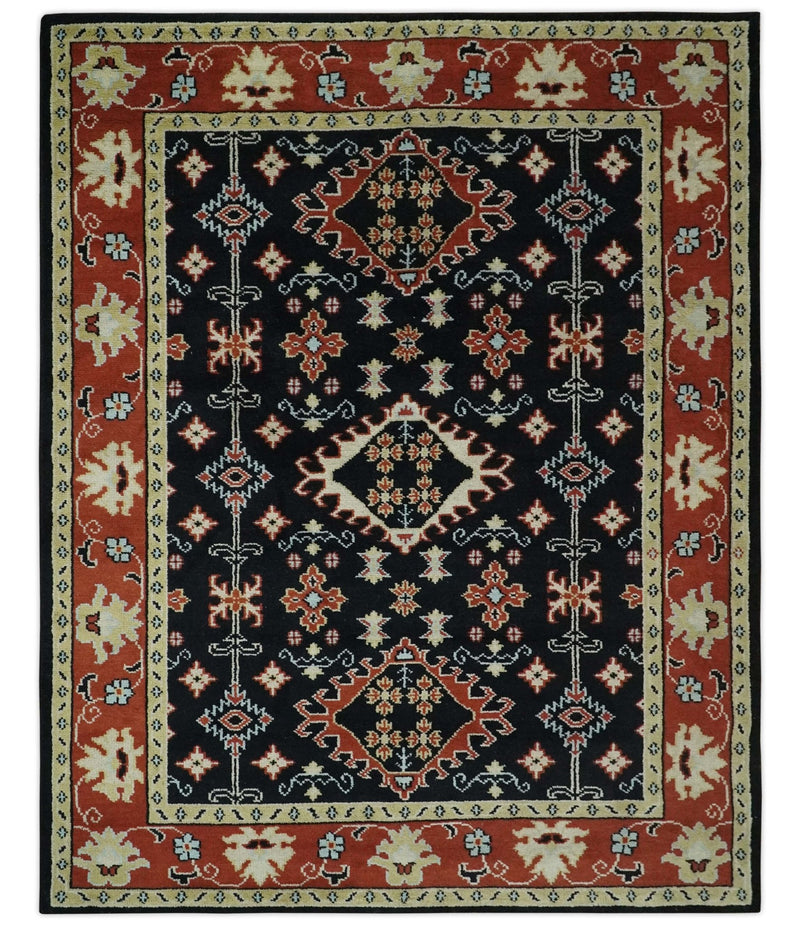 Black, Rust and Beige Traditional Oriental Hand Knotted Custom Made Wool Area Rug - The Rug Decor