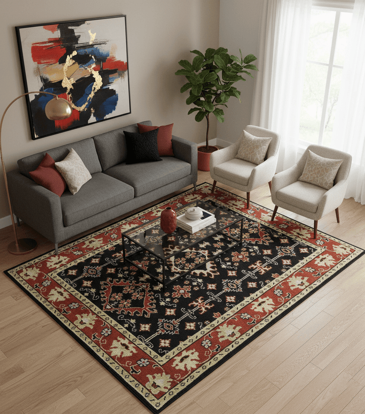 Black, Rust and Beige Traditional Oriental Hand Knotted Custom Made Wool Area Rug - The Rug Decor