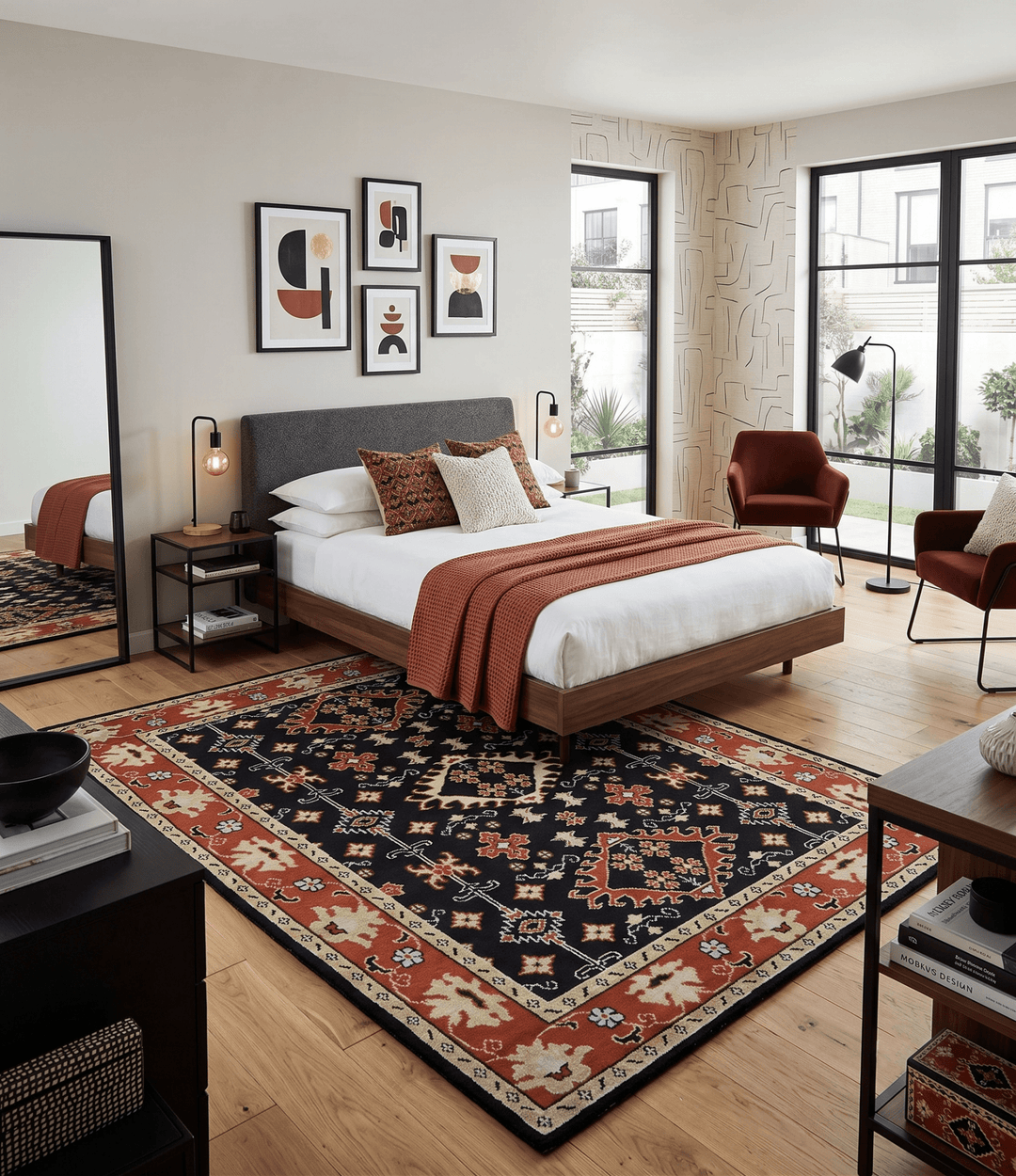 Black, Rust and Beige Traditional Oriental Hand Knotted Custom Made Wool Area Rug - The Rug Decor