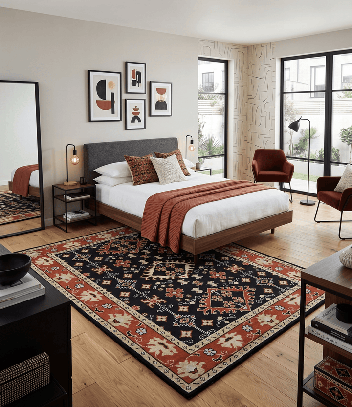 Black, Rust and Beige Traditional Oriental Hand Knotted Custom Made Wool Area Rug - The Rug Decor