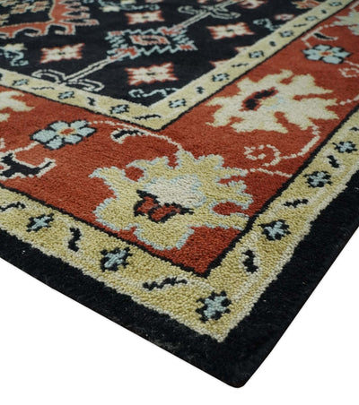 Black, Rust and Beige Traditional Oriental Hand Knotted Custom Made Wool Area Rug - The Rug Decor