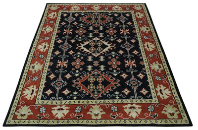 Black, Rust and Beige Traditional Oriental Hand Knotted Custom Made Wool Area Rug - The Rug Decor