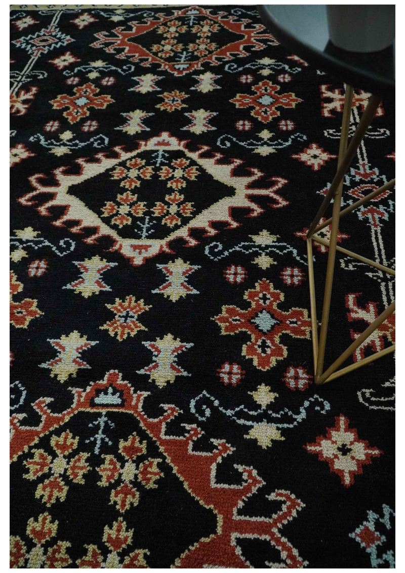 Black, Rust and Beige Traditional Oriental Hand Knotted Custom Made Wool Area Rug - The Rug Decor
