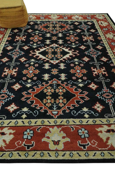 Black, Rust and Beige Traditional Oriental Hand Knotted Custom Made Wool Area Rug - The Rug Decor