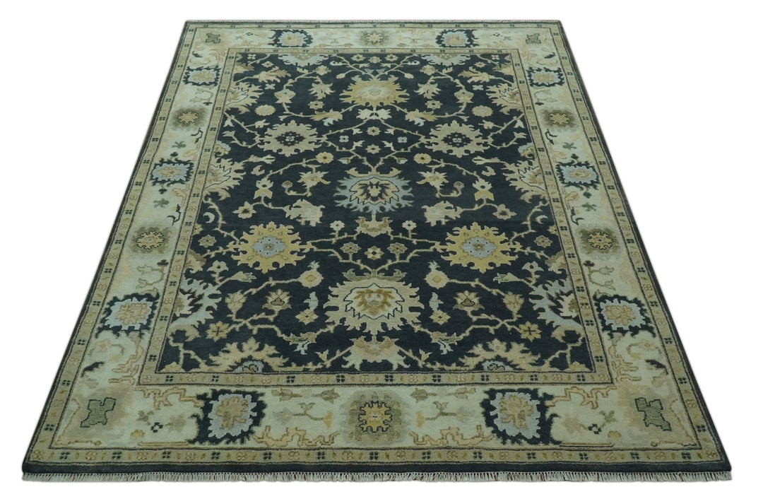 Black, Silver and Olive Oushak Hand Knotted Custom Made Wool Rug - The Rug Decor