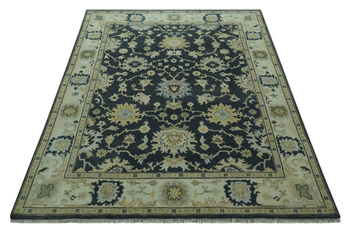 Black, Silver and Olive Oushak Hand Knotted Custom Made Wool Rug - The Rug Decor