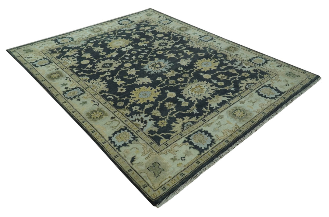 Black, Silver and Olive Oushak Hand Knotted Custom Made Wool Rug - The Rug Decor