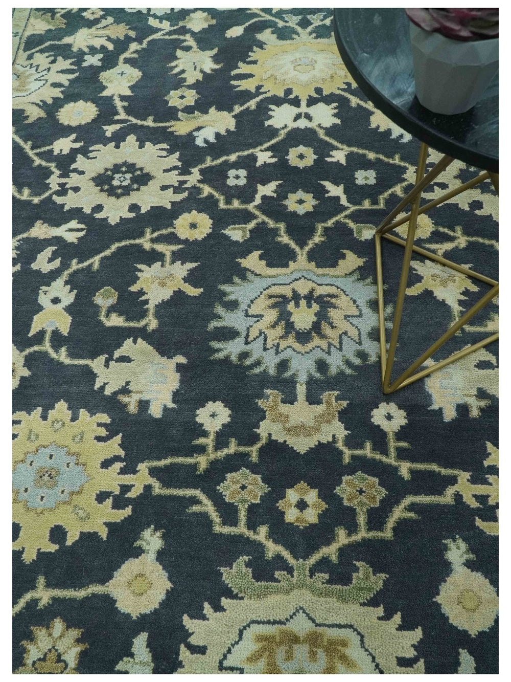 Black, Silver and Olive Oushak Hand Knotted Custom Made Wool Rug - The Rug Decor